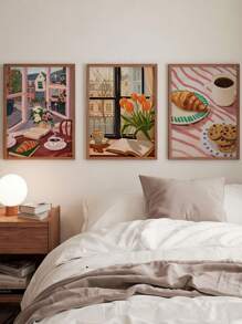 1/6pcs Coffee Shop City Bakery Illustration Croissants And Cookies Art Poster Canvas Painting Wall Print Picture For Kitchen Home Decor,Frameless