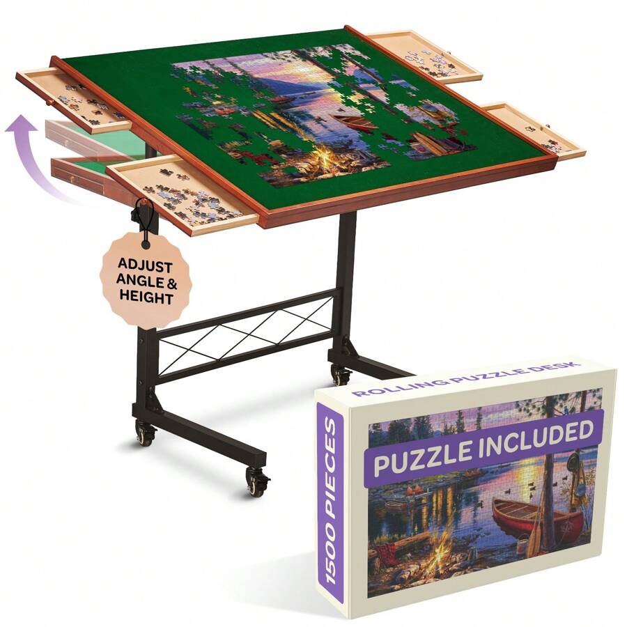JoyBerri Jigsaw Puzzle Table/Rolling Desk - 1500 Piece Puzzle Board/Portable Jigsaw Tables With Drawers And Legs - Height Adjustable For Adults And Kids - 綠色 - 查看 1