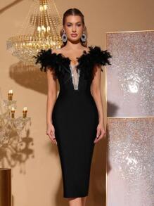 Modphy Faux Feather Sexy V-Neck Off Shoulder Backless Bodycon Bandage Midi Dress, Elegant Women's Holiday Wedding Guest Bridesmaid Party Formal Gown