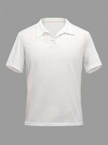 Camisa polo casual de oficina de punto acanalado y sencilla para hombre, Rayas de color sólido, adecuado para viajes de negocios, desplazamientos a la oficina y uso diario. - Blanco - Ver 3