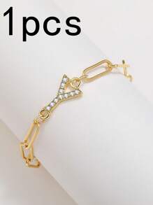 1pc New Gold 26-Letter Paper Clip Bracelet, Fashion Simple Rhinestone Bracelet, Material Alloy, Spring And Summer Fashion Bracelet - Letter Jewelry - View 3