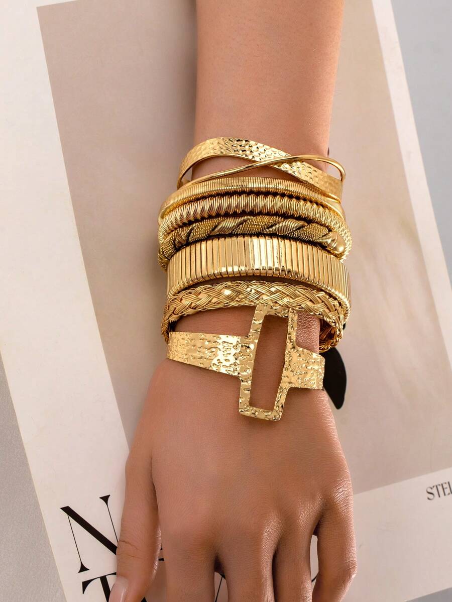 1 Pc Minimal Design Hammered Metal Cuff Bangle Bracelet For Women - Gold - View 1