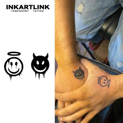 INKARTLINK 3pcs Innovative Tattoo, Semi-Permanent Tattoo, Black And White Smiling Face, Realistic Tattoo, Removable Tattoo, Waterproof, Authentic Tattoo Appearance, Niche Design, Fruit Juice Tattoo, Plant Tattoo,Sketch Style