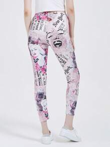 Womens Newspaper Inspired Stretchy Printed Leggings - Pink - View 2