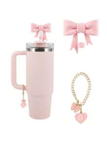 2pcs/Set: 1pc Silicone Bow Straw Topper & 1pc Letter Heart Bow Cup Tag, Fit For 40oz Cup, 10mm Straw Diameter, With Handle Glass Cup, Cute Pink Butterfly Decoration, Back To School Supplies