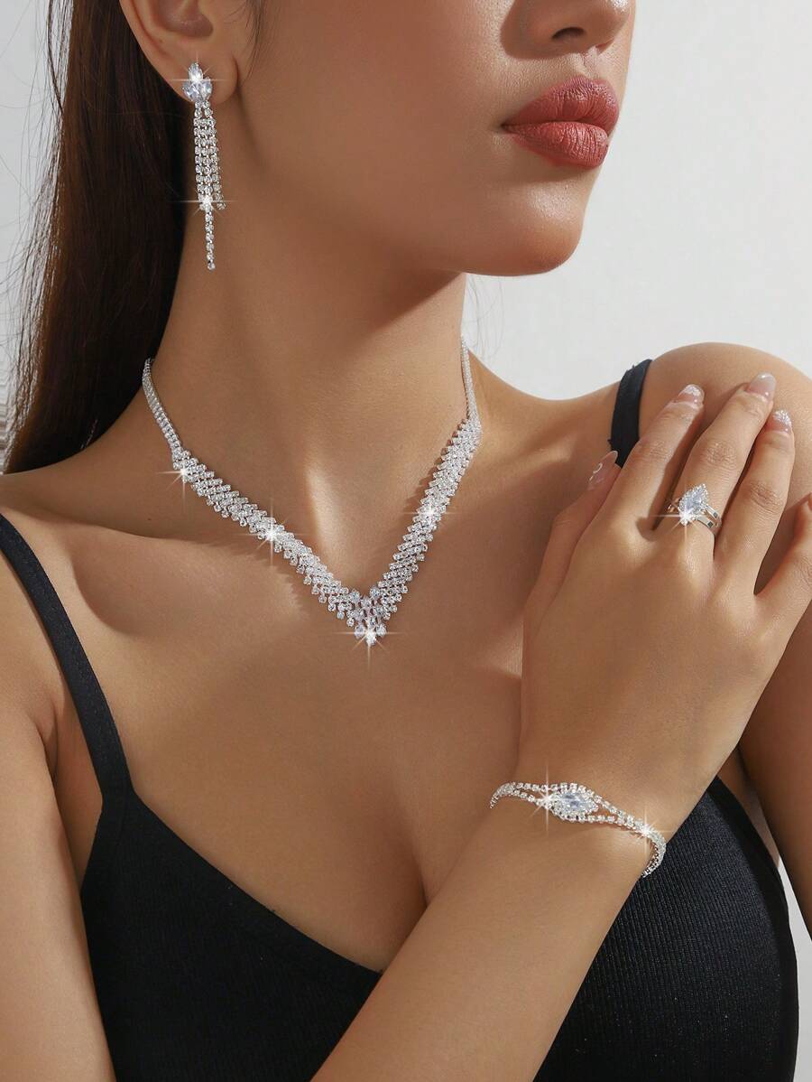5 件微镶嵌锆石几何设计优雅首饰套装：项链、耳环、手链和戒指，适合女性日常通勤、婚礼、派对、节日、节日礼物 - 精緻項鍊套裝 - 查看 1
