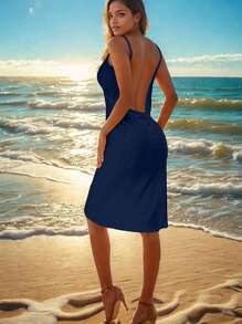 Women Casual Sarong Wrap Cami Dress, Sexy Beach Vacation Summer Dress