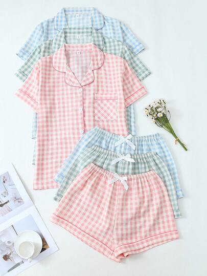 3 件套格子纽扣领短袖上衣和蝴蝶结短裤女士睡衣套装，舒适家居服，春夏季