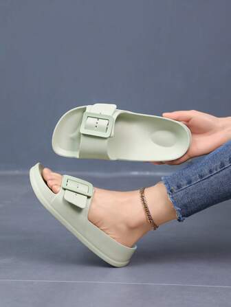 European & American Style One-Buckle EVA Thick Sole Slippers, Casual Comfortable Outdoor Flip Flops, Double-Buckle Lightweight Non-Slip Beach Sandals For Women