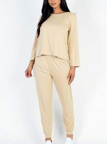 2pcs Pajama Sets For Women Solid Long Sleeve Tee & Pants PJ Set - 米色 - 查看 2