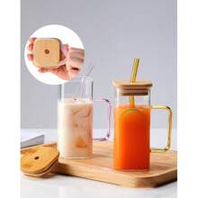 1入組1000ml帶吸管玻璃水瓶，配有杯刷，吸管刷和蓋子/1入組400ml帶刷子、杯蓋和吸管，冰咖啡杯，耐高溫果汁飲料杯，透明咖啡杯，大容量保溫水瓶，適用於家庭、旅行和戶外使用