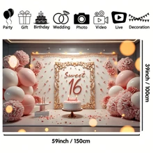 1pc Pink Balloon 16th Birthday Party Banner Flag, Multi-Size, Suitable For Birthday Party, Anniversary, Photo Shoot Backdrop, Cake Table Decoration, Tablecloth, Indoor & Outdoor, Garden Decor, No Electricity Required - Multicolor - View 2