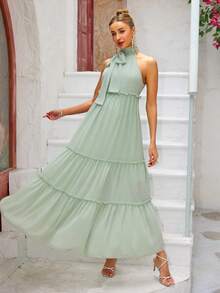 Joyfunear Maternity Robe Dress With Ear Edged Collar, Knot And Halter Design - Green - View 6