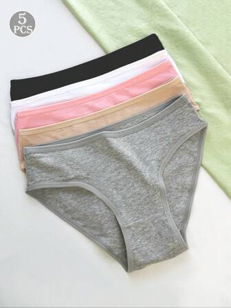 5 Stücke/Set Damen unifarbene 100% Baumwoll Unterhosen mit niedriger Taille, hochelastisch, atmungsaktiv, hautfreundlich, passförmig, alltäglicher, einfacher Stil