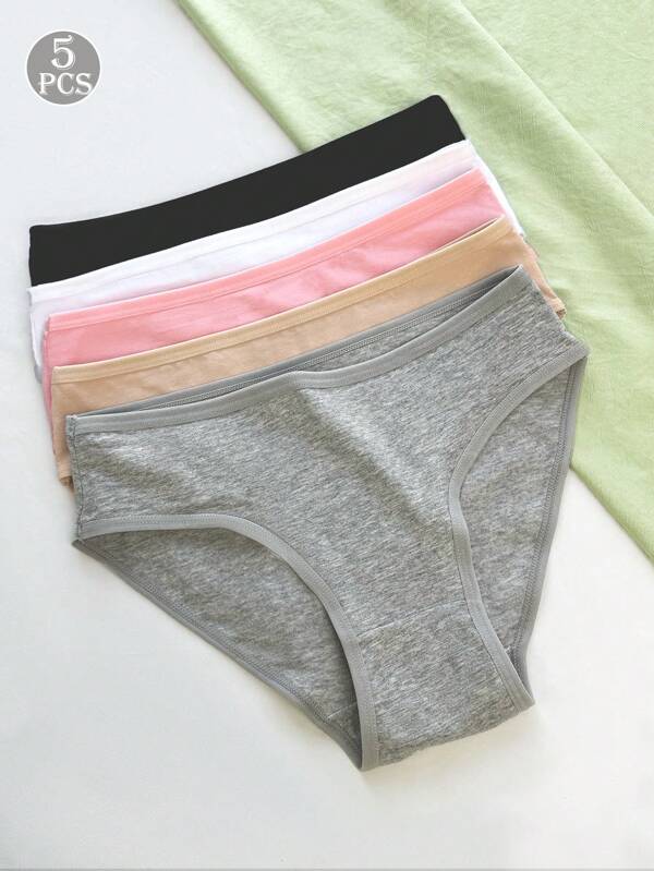 5pcs/Set Women Solid Color 100% Cotton Low Waist Underwear, High Elasticity, Breathable, Skin-Friendly, Fitted, Everyday Simple Style Panties