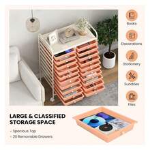 Carrito con 20 cajones, carrito móvil de almacenamiento con cajones, carrito organizador para el aula para útiles de oficina y escuela, herramientas, papeles para scrapbooking, impresora pequeña, carrito de utilidad con ruedas, color melocotón - Multicolor - Ver 4