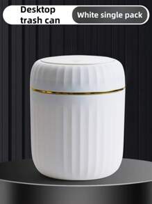 1PCOne-Piece Small Office Trash Can, Plastic Trash Can With Lid, 16.5cm High, Small Trash Can For Desktop And Coffee Area, White, Kitchen, Bathroom, Family, Household Items