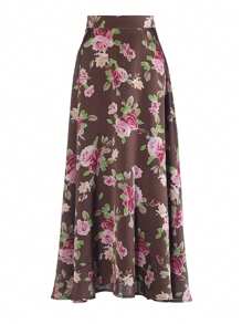 Élégante jupe longue imprimée en satin pour femme, jupe de soirée longue taille haute évasée avec taille élastique, en polyester, coupe ample, toutes saisons - Tabac - Voir 1