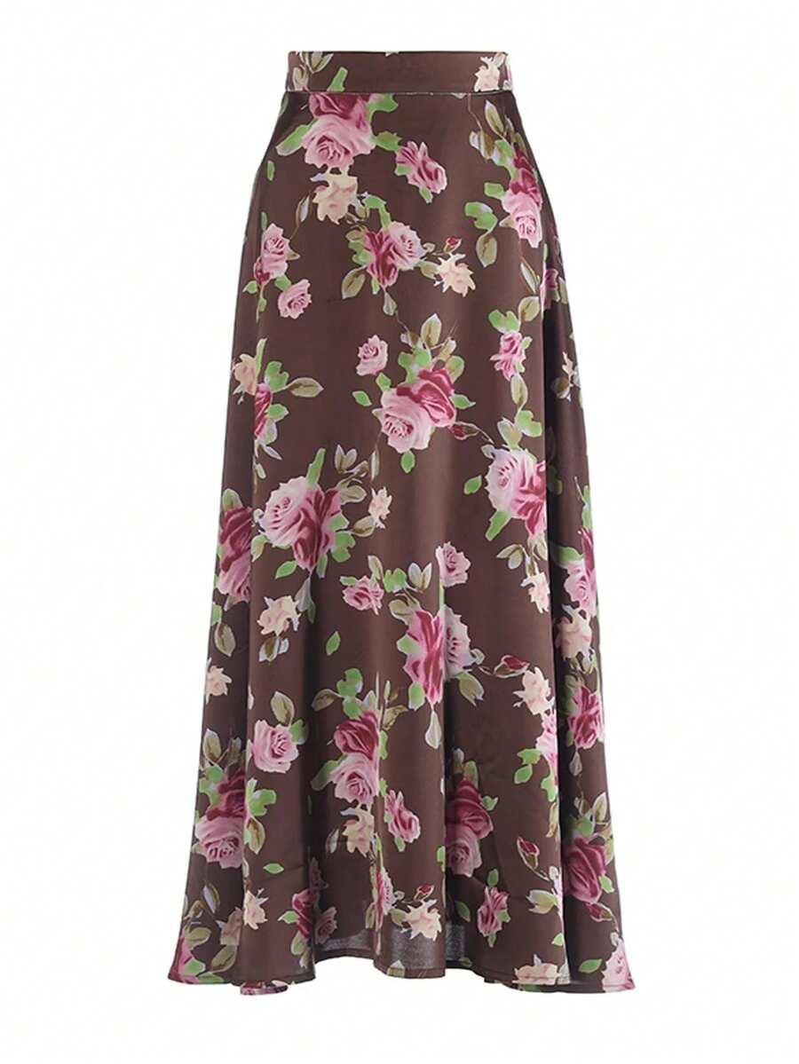 Élégante jupe longue imprimée en satin pour femme, jupe de soirée longue taille haute évasée avec taille élastique, en polyester, coupe ample, toutes saisons - Tabac - Voir 1