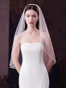 1 قطعة حجاب عروس طبقة واحدة عالي الجودة لامع من النايلون مزين بحبيبات كريستالية صغيرة، مناسب للزفاف والمناسبات المدنية والتصوير الفوتوغرافي، ملابس نسائية لفصل الخريف، إكسسوارات عيد الحب - أبيض - مشاهدة 2
