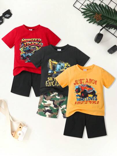 Young Boy 3pcs Set Soft, Stylish & Comfortable Cute Off-Road Pickup Truck, Excavator Letter Print T-Shirts And 3pcs Sports Shorts, Casual Outfit