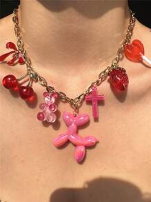 1 pieza Collar colgante con diseños de fresa roja y rosa, cereza, lazo, oso, paleta y perro - Regalo de joyería divertida para mujeres apta para verano, citas y fiestas