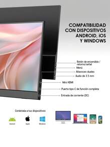 Akane Monitor Portátil Full HD 15.6 Pulgadas, Pantalla Externa para Laptop, Celular y Consola, Conexión USB-C y Mini, para Android, iOS, Windows y más, con Funda Magnética - Tipo de Enchufe A USA (110-127V) - Ver 4