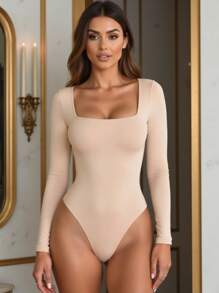 Kit 3 Women's Suplex Bodysuit Square Neckline Long Sleeve Lined Second Skin Premium Cold Blouse - TRẮNG NÂU NUDE - Xem 2