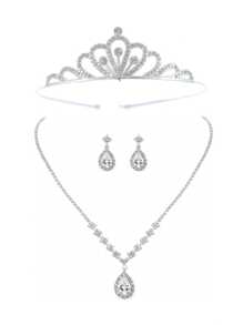 4 件套公主项链套装、皇冠项链套装、水晶花童派对头饰、奢华皇冠项链礼盒、适合节日、庆典、活动的婚礼配饰 - 銀色 - 查看 6