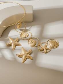 2pcs/Set Fashion Personalized Seaside Holiday Marine Style Starfish/Conch/Shell Pendant Necklace And Earring Set, Suitable For Daily Wear, Holiday Party, Beach Vacation - Yellow Gold - View 5
