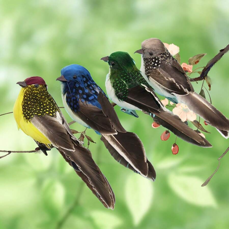 1 件逼真羽毛鸟,花园森林装饰人造鸟由泡沫和真羽毛制成,假麻雀 - 彩色 - 查看 1