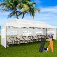 CAROMA 10x30ft Pop Up Canopy Tent Heavy Duty Gazebo With 8 Sidewalls Outdoor Party Tent For Parties Foldable UPF 50+ Waterproof Commercial Easy Up Canopy With Roller Bag,White - 白色 - 查看 1
