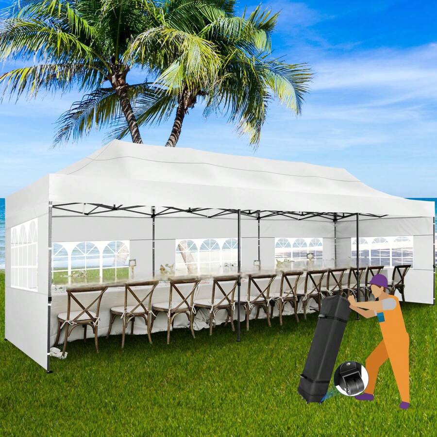 CAROMA 10x30ft Pop Up Canopy Tent Heavy Duty Gazebo With 8 Sidewalls Outdoor Party Tent For Parties Foldable UPF 50+ Waterproof Commercial Easy Up Canopy With Roller Bag,White - 白色 - 查看 1