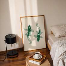 1 pieza Cuadro de pared de arte japonés con ilustración tradicional de carpa koi verde vintage, pintura en lienzo con ilustración de pez, póster de decoración zen para dormitorio, sala de estar o apartamento, decoración de regalo para ella sin marco