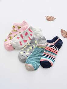 1/5 أزواج جوارب نساء رفيعة، متعددة الألوان بنمط فاكهة كرتونية شريطية مثل البطيخ والموز، ألوان متباينة جذابة، ناعمة ومريحة للاستخدام اليومي الكاجوال، جوارب خفيفة مناسبة للربيع والصيف - متعدد الألوان - مشاهدة 5