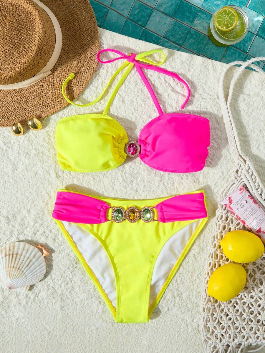 Women's Vacation Beach Contrast Color Patchwork Rhinestone Decor Bikini Set, Summer