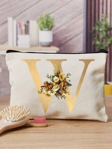 1pc A-Z Floral Print Makeup Bag, Women's Cosmetic Pouch Wallet, Initial Letter Pattern Toiletry Organizer, Wedding Party Wash Bag - Multicolor - View 9