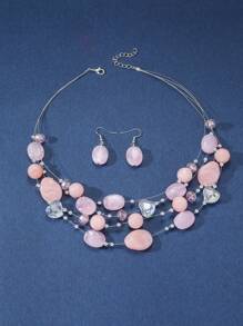 Boho-Chic 3pcs Summer Jewelry Set - Colorful Beaded & Turquoise Necklace And Earrings, Perfect For Parties & Vacations