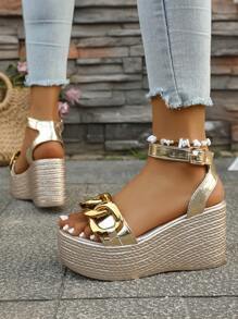 Women's Stylish Metallic Golden Decorated Open Toe Thick Sole Strap Buckle Daily Party Runway Event Versatile Elegant Platform Sandals - Gold - View 5