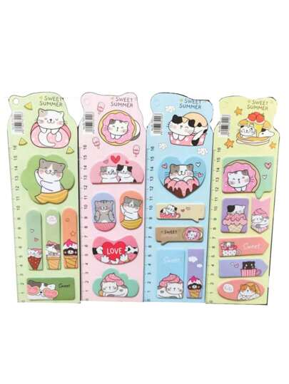 Conjunto Adesivos e Recadinhos Bloco Régua Cute Infantil Escolar Sortidos Papelaria Fofa