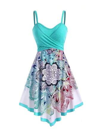Plus Size Women Floral Print Dress, Bohemian Style Casual Strap Dress