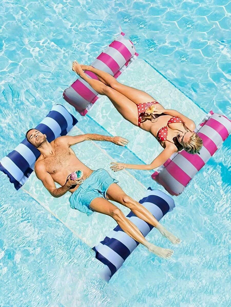 新款充气网状泳池吊床、条纹浮垫、水上吊床躺椅、充气气垫床。夏季海滩游泳、泳池活动、沙滩游戏的必备品 - 彩色 - 查看 1