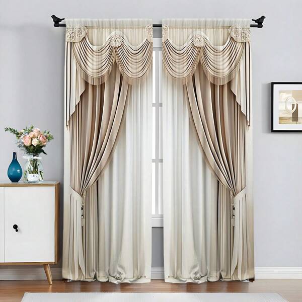 2 Pieces Of Beige Printed Curtains Retro European Style Machine Washable And Hand Washable Polyester Fiber Material Excellent Blackout And Decorative Function Top Luxury Curtains For Living Room Bedroom Study Room Children's Room All Year Round All Seasons Digital Printing Technology Through The Rod Side-By-Side Openings Design Create A Warm And Elegant Living Environment