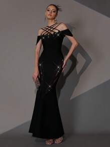 Modphy 奢华闪亮钻石细肩带露肩短袖绷带美人鱼长裙，适合伴娘、女士生日派对、正式晚礼服、婚礼宾客