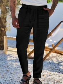 Men's Breathable Linen Pants Solid Color Drawstring Waist Casual Straight Leg Trousers For Summer - Black - View 2