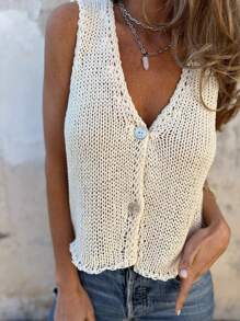 Hollow-Out Design Single-Breasted Casual Knitted Vest, In White Tone - Apricot - View 3