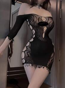性感情趣内衣提花镂空无需脱激情黑网衣诱惑包臀连衣裙