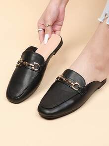 女士方头一脚蹬穆勒鞋，2025 休闲优雅法式平底休闲乐福鞋 - 黑色 - 查看 2