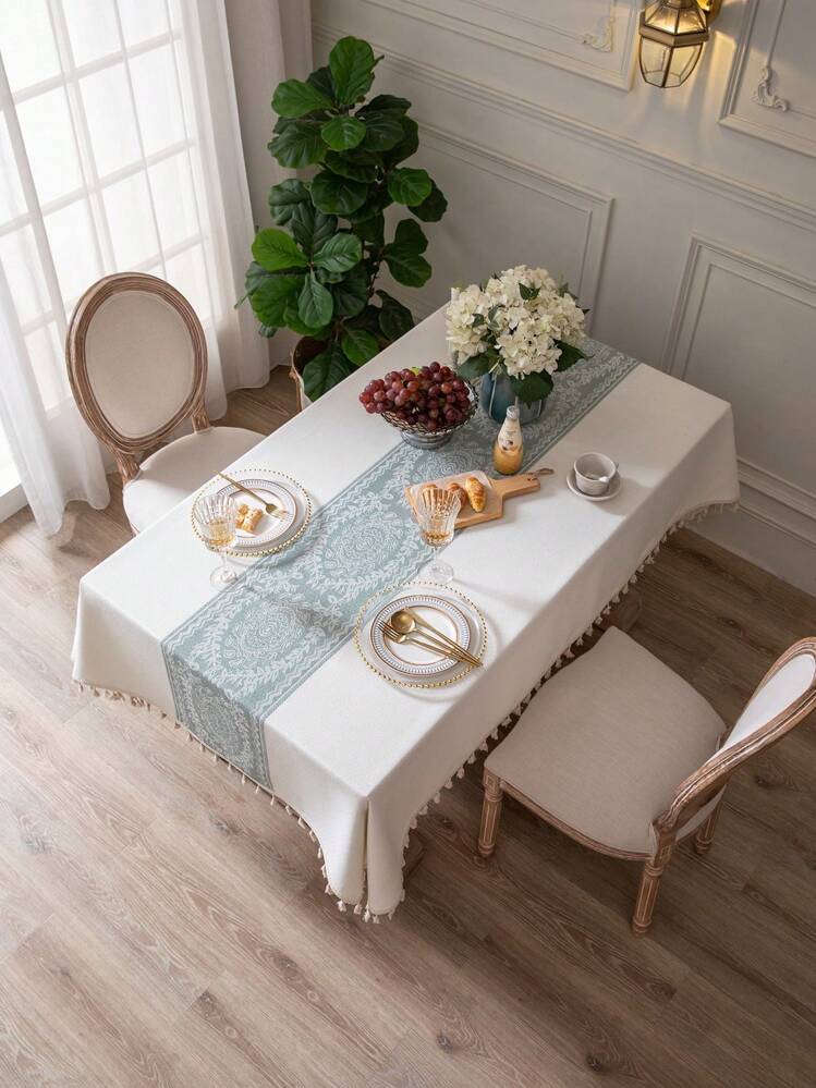 1pc Jacquard Tassel Trim Tablecloth,European Style Polyester Multifunctional Decorative Table Cover For Dining Table - Multicolor - View 4