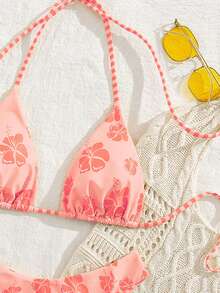 PEPPERMOLLY 新款柔软印花系带沙滩性感比基尼套装，优雅女士夏季沙滩时尚比基尼度假装 - 橘粉紅色 - 查看 5